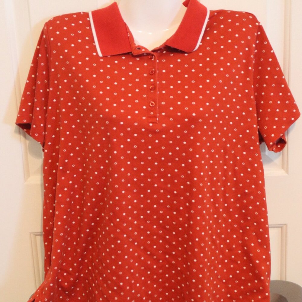 Lands End Red White Polka Dot Polo Shirt Womens 1X Cotton Colorful Preppy
